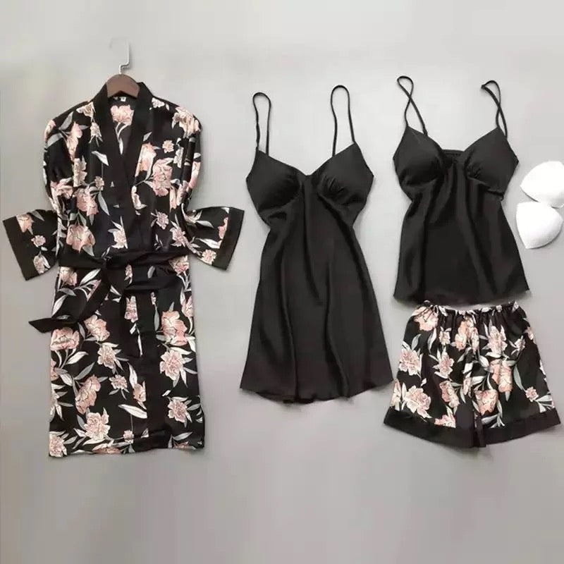 Four Piece High Quality Silk Floral Print Women's Sexy Pajamas Lounge –  TheMoiRe