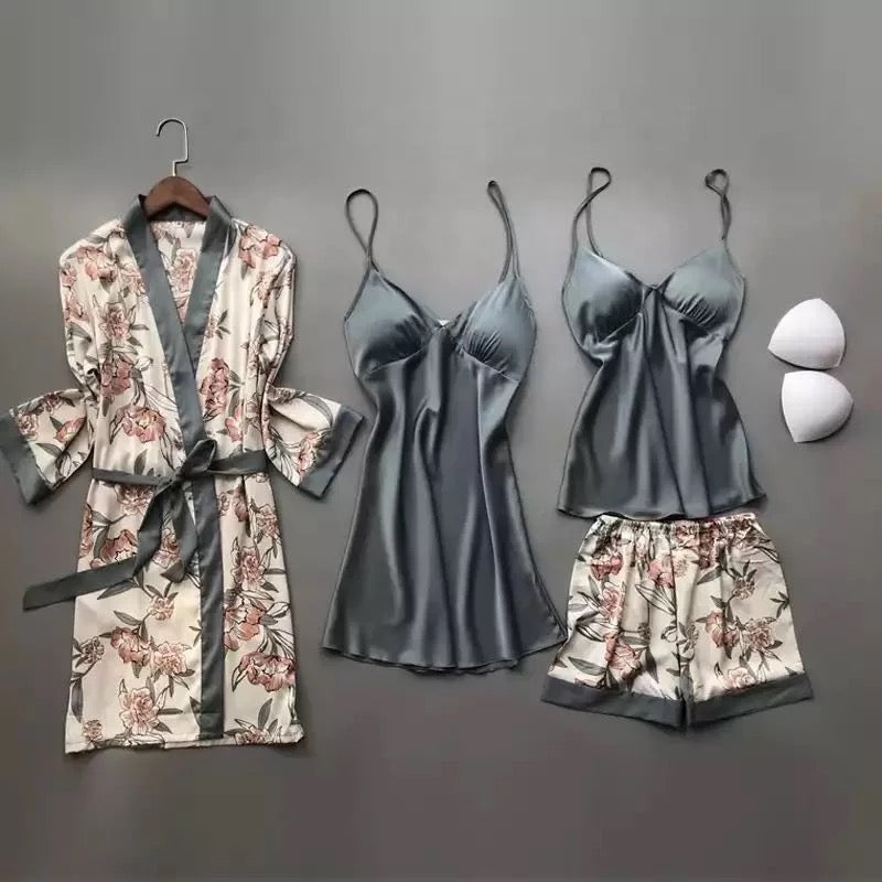 Four Piece High Quality Silk Floral Print Women's Sexy Pajamas Lounge –  TheMoiRe