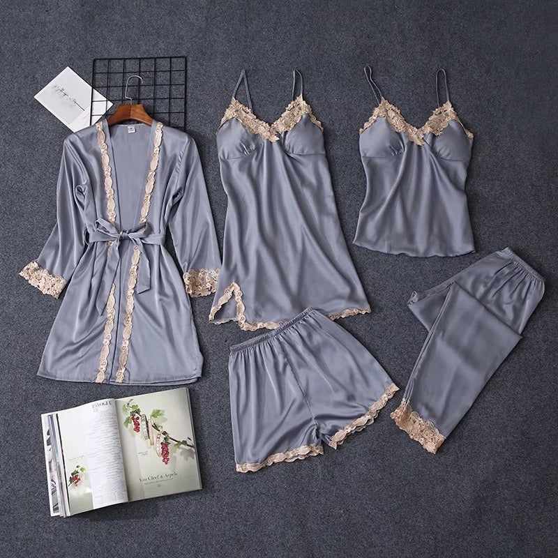 Five Piece High Quality Silk and lace Women's Sexy Pajamas Lounge